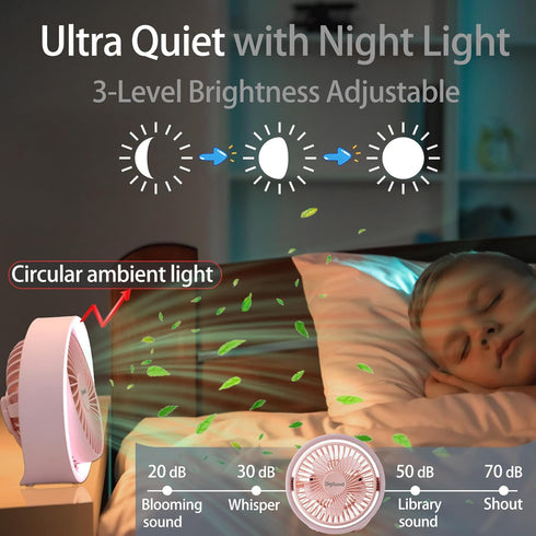 Pink Desk Fans Small Quiet with Ambient Light/Hook Portable USB Fan 5.3in High Power 3000mAH Rechargeable Battery Operate 3 Speed 180°Rotated Easy...