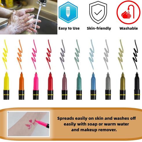Temporary Tattoo Markers for Skin, 10-Count Body Markers for Family- Cool Gifts for kids and Adults - Skin Tattoos Pen - Skin-Safe, Cosmetic Quali...