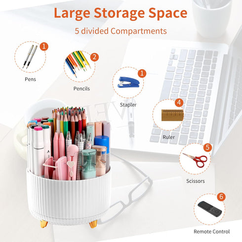 Desk Pencil Pen Holder, 5 Slots 360°Degree Rotating Pencil Pen Organizers for Desk, Desktop Storage Stationery Supplies Organizer, Cute Pencil Cup...