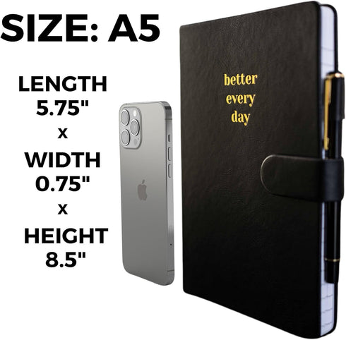 Black A5 Hardcover Notebook, 144 Pages, Lined Leather Journal with Pen, Better Everyday Journal & Daily Planner for Tasks, Checklists, Writing, Pr...
