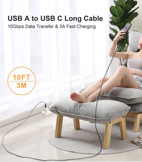 USB A to USB C Cable 10FT, USB 3.1/3.2 10Gbps Data Transfer and 60W 3A Fast Charging Long Cable for Android Auto Samsung Galaxy S22 S21 iPad Pro E...