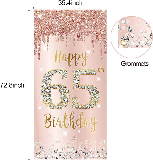 65th Birthday Decorations Door Banner for Women, Pink Rose Gold Happy 65 Birthday Backdrop Party Supplies, 65 Year Old Birthday Poster Door Cover ...