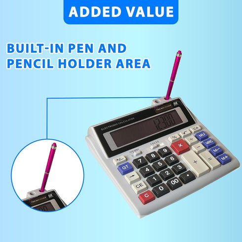 Lily's Home Large Desktop Calculator with Built-in Pen and Pencil Holder. 12-Digit Large Display, Dual Power Battery and Solar - Ideal for School ...