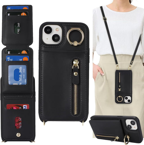iPhone 14 Case with Card Holder for Women, iPhone 14 Phone Case Wallet with Strap Credit Card Slots Crossbody with Kickstand Zipper Case for iPhon...