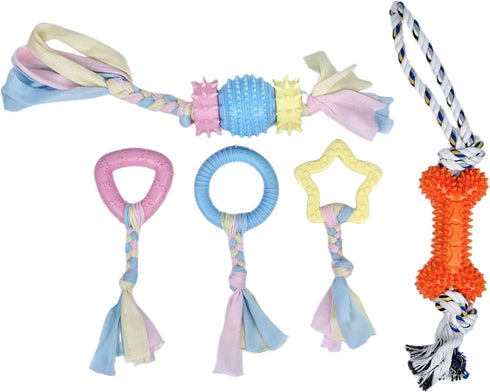 Puppy Chew Toys Pet Dog Teething Toys with Rope Funny Bone Toothbrush Soothe Teeth Itching for Small and Medium Dogs (5 Pack Orange)...
