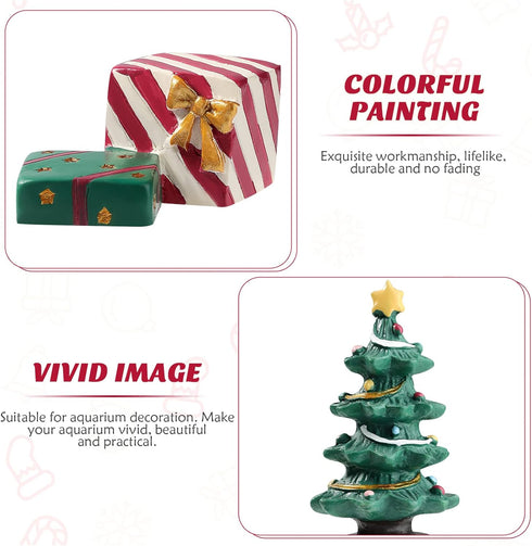 Christmas Aquarium Decoration Set: Christmas Fish Tank Decorations Xmas Tree Figure Present Box Miniature Resin Micro Landscape Ornaments for Fish...