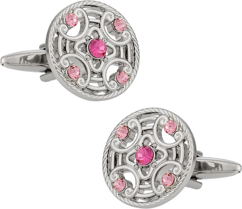 Unique Pink Crystal Round Silver Cufflinks with Presentation Box...