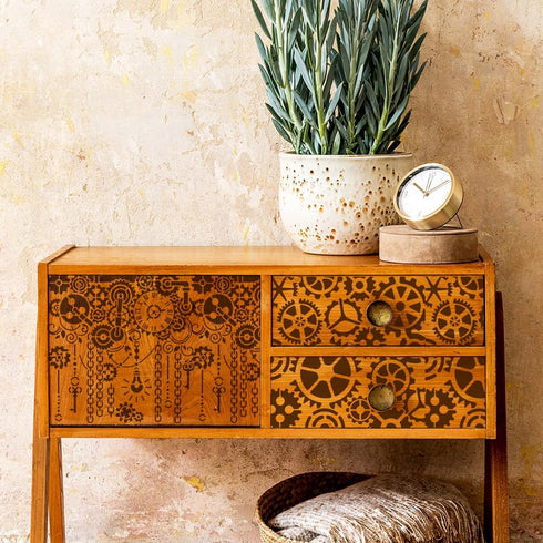 FINGERINSPIRE 3 Pcs Retro Gear Painting Stencil 11.8x11.8inch Reusable Steampunk Gear Steampunk Chain Key Pattern Drawing Template Gear Clocks Ste...