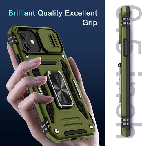 DEERLAMN for iPhone 11 Case with Slide Camera Cover+Screen Protector(2 Packs),Rotated Ring Kickstand Military Grade Shockproof Protective Cover-Ol...