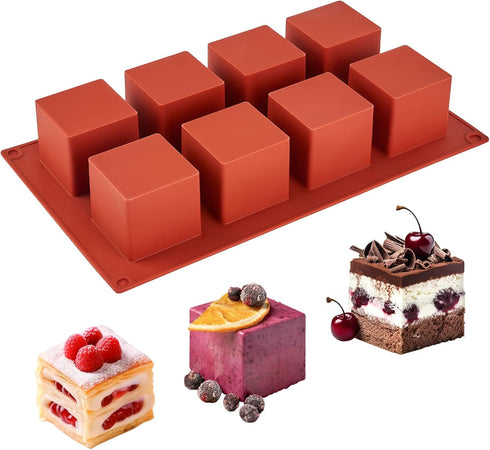 Square Silicone Mold, 8 Cavity Cube Cake Mold Non-Stick Baking Mold for Mousse Cake. French Dessert, Chocolate, Brownie, Ice cream, Truffle, Jelly...