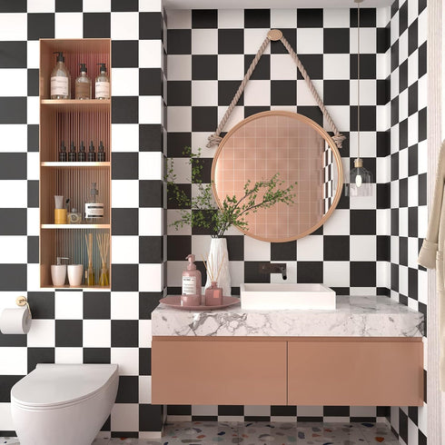 VaryPaper 15.7''x78.7'' Thick Checkered Countertop Contact Paper Waterproof Checkered Wallpaper Peel and Stick Black and White Wallpaper for Bathr...