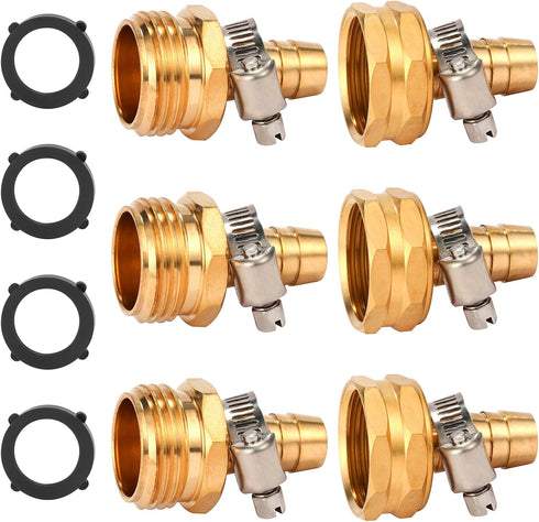 Brass Garden Hose Connector Repair Mender Kit with Stainless Clamp,Fits 1/2" Water Hose Fitting,3 Sets(1/2" Barb x 3/4" GHT)...