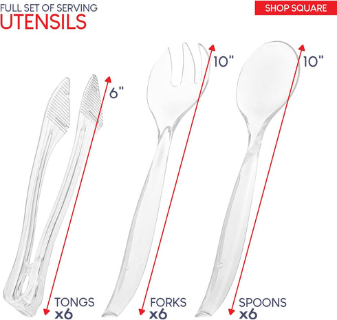 Disposable Plastic Serving Utensils - Set of 18 Clear Buffet Serving Utensils, 6 Each 6" Serving Tongs, 10” Serving Spoons, 10” Serving Forks, Par...