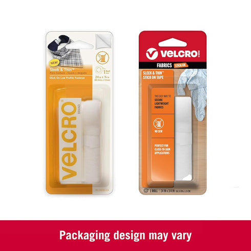 VELCRO Brand Sleek and Thin Stick On Tape for Fabrics | 24in x 3/4in, White| Soft on Skin Ultra Light | Adhesive Back No Sewing Needed...