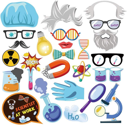 25Pcs Science Photo Booth Props with Stick, Mad Scientist Selfie Props, Chemistry Laboratory Party Supplies, Lab Birthday Theme Backdrop Decoratio...
