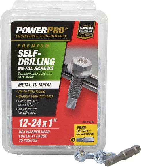 Power Pro Premium Self-Drilling Metal Screws, Zinc Plated Steel, Hex Washer Head Metal to Metal Winged Point Screws, Silver, #12 x 1 inch, Box of ...