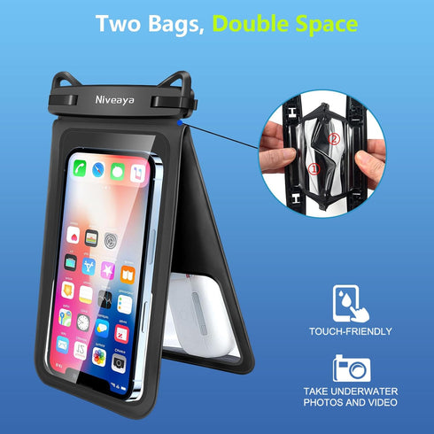 Niveaya Double Space Waterproof Phone Pouch - 2 Pack, Waterproof Phone Lanyard Case with iPhone 15/14/13/12 Pro Max/Pro/8 Plus, Galaxy S22/S21/S20...