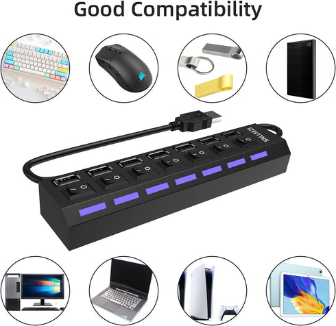 USB Hub, 7 Port USB 2.0 Hub LED Portable High-Speed Compatible for iMac Pro, MacBook Air, Mac mini/Pro, Surface Pro, PC and Laptop...