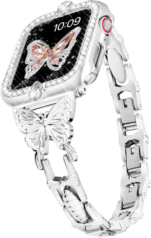 wipalor Compatible with Apple Watch Band 44mm+Gemstones Case, Lightweight for Women, Easy Adjustable Bracelet, Shiny Diamond on Butterfly, Jewelry...
