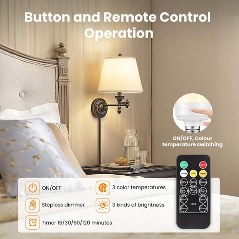Rechargeable Light Bulbs with Remote Control Timer and 3 Color Temperature Options,Rechargeable Wall Sconce Puck Lights Battery Operated with Remo...