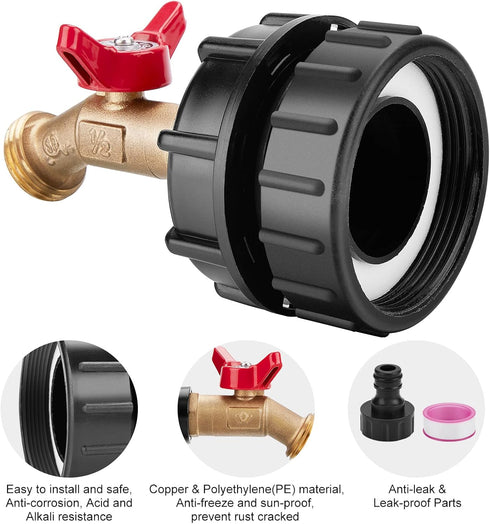 WADEO IBC Tote Adapter, 2.44" Fine Thread Adapter for 275-330 Gallon IBC Tote Tank - Solid Brass Water Shut-Off Valve Faucet (1/2" Male NPT Inlet ...