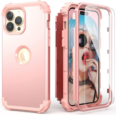 IDweel for iPhone 15 Pro Max Case with Screen Protector for Women, 3 in 1 Shockproof Slim Fit Hybrid Heavy Duty Hard PC Cover Soft Silicone Bumper...