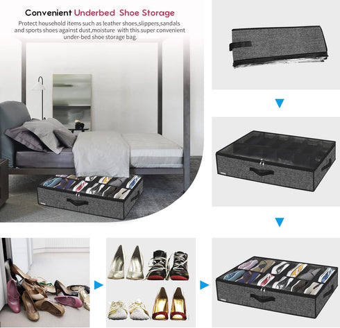 Onlyeasy Sturdy Under Bed Shoe Storage Organizer, Set of 2, Fit 12 to 24 Pairs, Underbed Shoes Closet Storage Solution with Clear Window, Breathab...