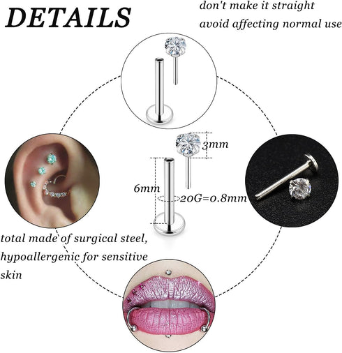 Vsnnsns 20G 18G 16G Push in Lip Rings Stainless Surgical Steel Labret Jewelry Monroe Lip Rings Nail Cartilage Tragus Helix Earrings Studs Nose Rin...