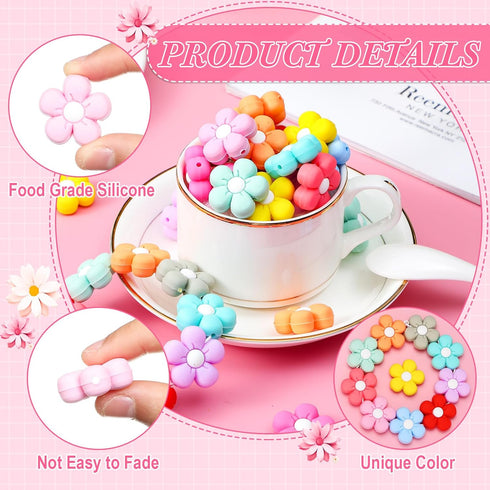XunYee 44 Pcs Colorful Flower Silicone Beads Cute Flower Beads Flat Spacer Beads for Jewelry Making Bulk Adults DIY Bracelets Necklaces Earrings A...