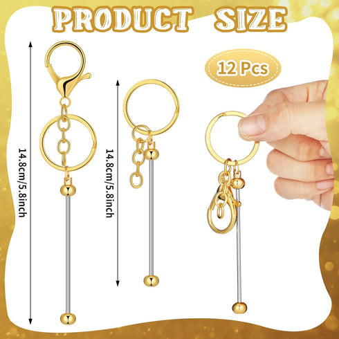 12 Pcs Beadable Keychain Bars Metal Bead Keychain DIY Blank Keychain Supplies for Crafts Jewelry Making(Gold)...
