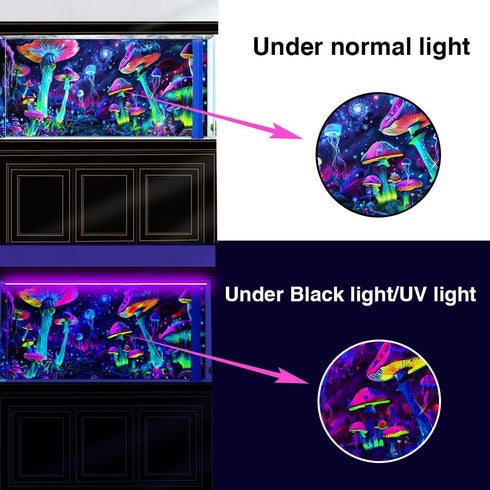 72X16IN Blacklight Aquarium Background UV Reactive Mushroom Background Starry Sky Terrarium Background with 10 EVA Double-Sided Tape...