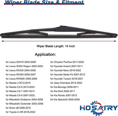 Rear Windshield Wiper Blade for Jeep Cherokee 14-22, for Hyundai Accent 07-11 Santa Fe 2007-2012 Tucson 16-21, for Mazda 3 10-13 CX-5 CX-7 CX-9 Re...