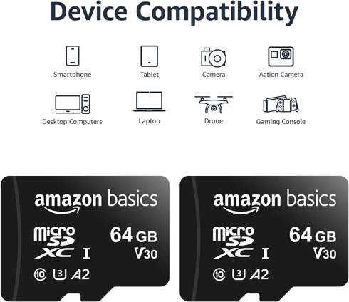 Amazon Basics Micro SDXC Memory Card with Full Size Adapter, A2, U3, Read Speed up to 100 MB/s, 64 GB (2pack), Black...