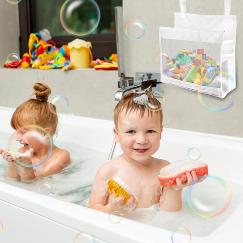 Baby Bath Toy Organizer Bathtub Toy Holder Shower Caddy 14× 11 × 6 inches Toy Storage Net Bags with 2 Side Pockets Hanging bag Multi-use Bathroom ...