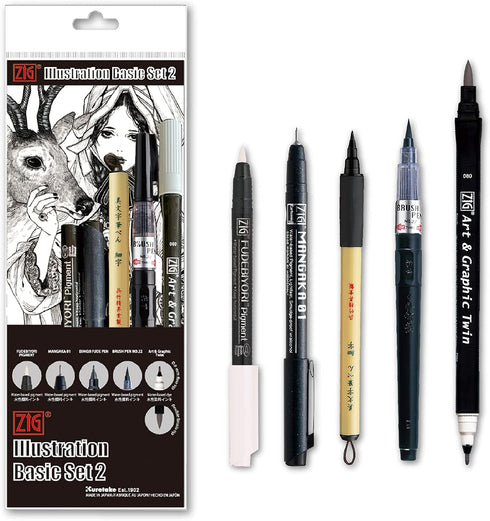 Kuretake Zig Inktober Special Set, Illustration Basic Set 2, 4 Black Markers and 1 White Brush Pen, for Manga Drawing, Lettering and Calligraphy, ...