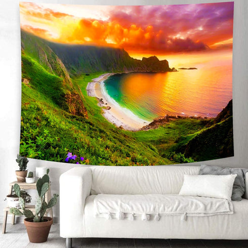 Delur Beach Sunset Tapestry Forest Nature Landscape Tapestry Wall Hanging Scenic Tree Mountain Tapestry Psychedelic Coastal Sunrise Headboard Tape...