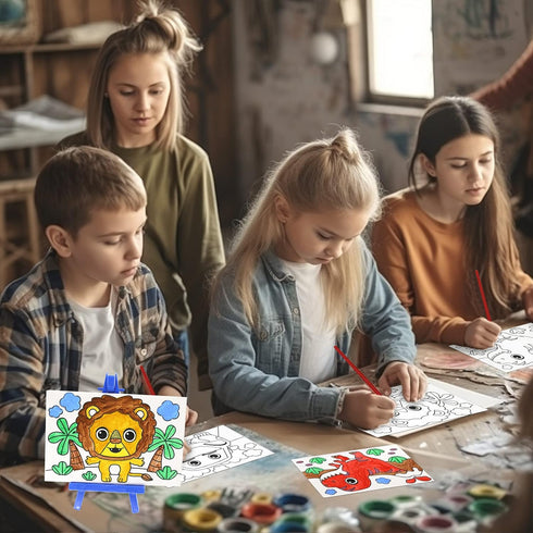 VKPI Canvas Painting Set with Mini Easel for Kids, Watercolor Art Supplies Kit with 3 Pre Drawn Canvases, 3 Plastic Easels, Paint Pots and Brushes...