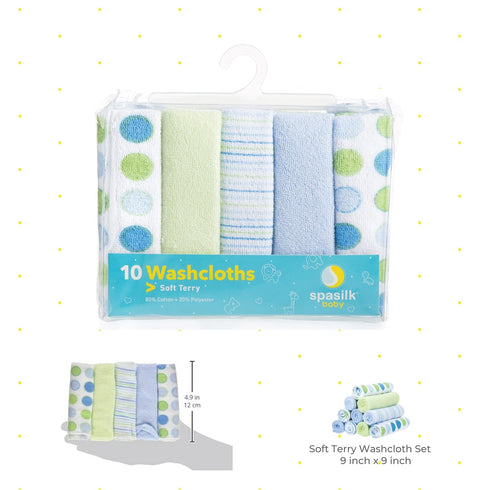 Spasilk Washcloth Wipes Set for Newborn Boys and Girls, Soft Terry Washcloth Set, Pack of 10, Blue Dots...