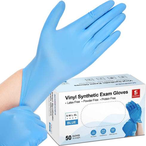 Schneider Blue Vinyl Synthetic Exam Gloves, Medium, Box of 50, 4-mil, Powder-Free, Latex-Free, Non-Sterile, Disposable Gloves...
