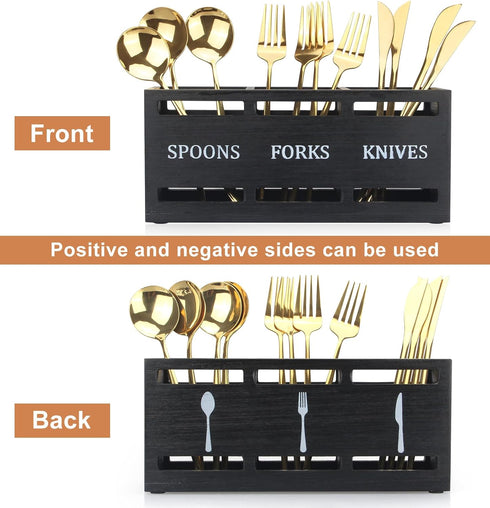 Ayiaren Wooden Silverware Caddies Flatware Cutlery Holder Wood Silverware Organizer Containers Black Kitchen Utensil Holder for Countertop Spoon a...