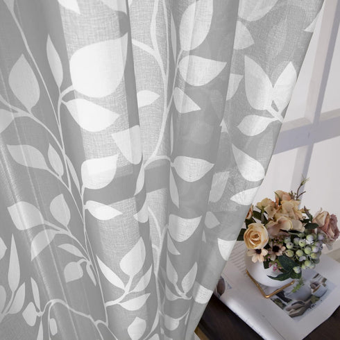 XTMYI Light Grey Small Window Curtain Panels for Bathroom,Grommet Leaf Striped Pattern Design Sheer Half Short Curtains for Bedroom Kitchen Set,Gr...