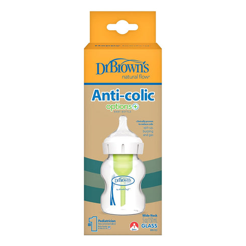 Dr. Brown's Natural Flow Anti-Colic Options+ Wide-Neck Glass Baby Bottle 5 oz/150 mL, with Level 1 Slow Flow Nipple, 1 Pack, 0m+...