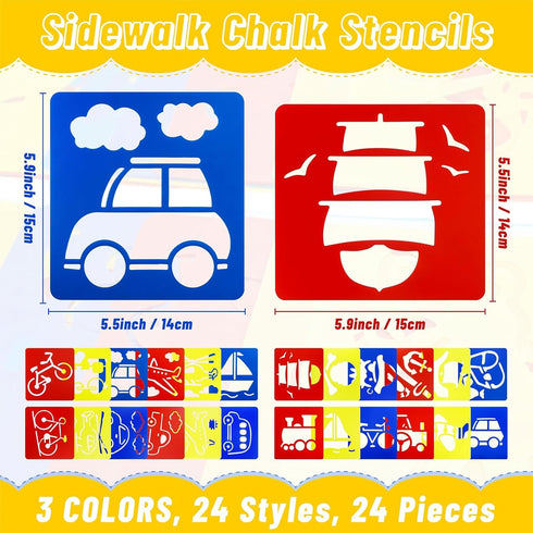 24 Pieces Stencils for Kids 5.9 x 5.5 Inches Drawing Stencils Chalk Stencils Large Washable Vehicles Themed Primary Shape Template for Kids Toddle...