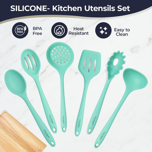 Culinary Couture Aqua Sky Silicone Cooking Utensils Set - Sturdy Steel Inner Core - Spatula, Mixing & Slotted Spoon, Ladle, Pasta Server, Drainer ...