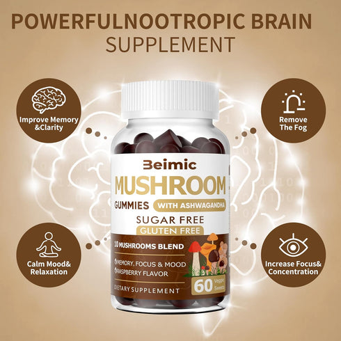 Mushroom Gummies - 10x Mushroom Supplement with Ashwagandha and Lions Mane (120 Chews) Nootropic Brain Supplement, Immune Support & Stress Relief ...