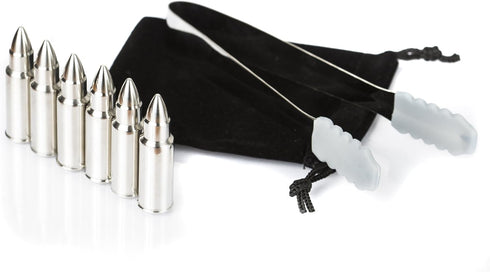 Bullet Whiskey Chillers Stones - Whiskey Rocks by The Wine Savant Set of 6 - Stainless Steel Bullet Shaped Ice Cubes, Gift Box Come, Tongs and Sto...
