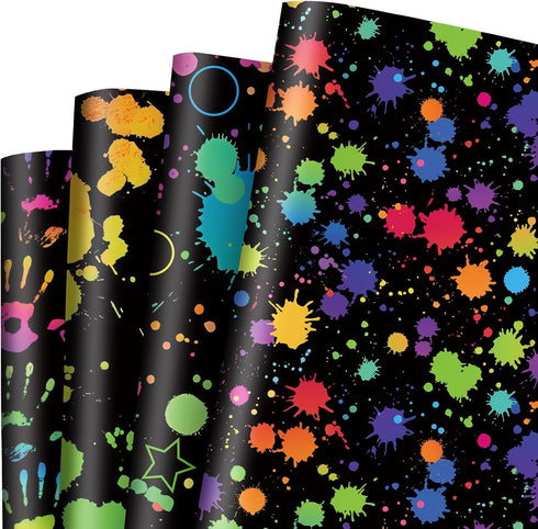 AnyDesign 12 Sheet Colorful Wrapping Paper 4 Design Black Neon Art Packaging Paper Folded Flat DIY Art Craft Paper for Glow Party Birthday Party B...