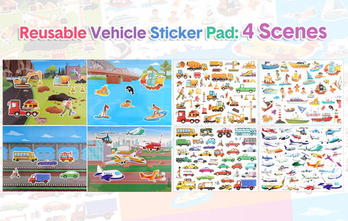 Reusable Sticker Pad Set:Vehicle and Dinosaur-Restickable Sticker Activity Playset for Kids Toddlers Boys Ages 2-4 4-8 Years. Includes Constructio...