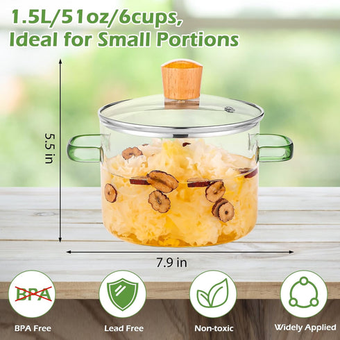 1.5L/51oz/6cups Glass Pot Glass Pots for Cooking Glass Cooking Pot Glass Simmer Pot for Stove Top Glass Simmer Pot Oven/Gas Safe (Green Handle Gla...