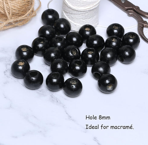 Black Wooden Macrame Beads 20mm with 8mm Large Hole, Wood Spacer Beads, Natural Round Ball Farmhouse Wooden Loose Beads for Bead Crafts Making Hom...